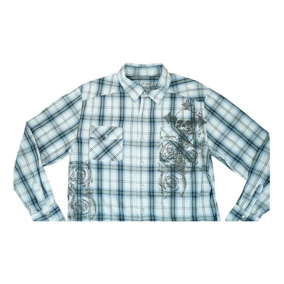 Blue Sol Shirt Mens Large Plaid Western Pearl Snap Rodeo Floral Skulls - Picture 3 of 6